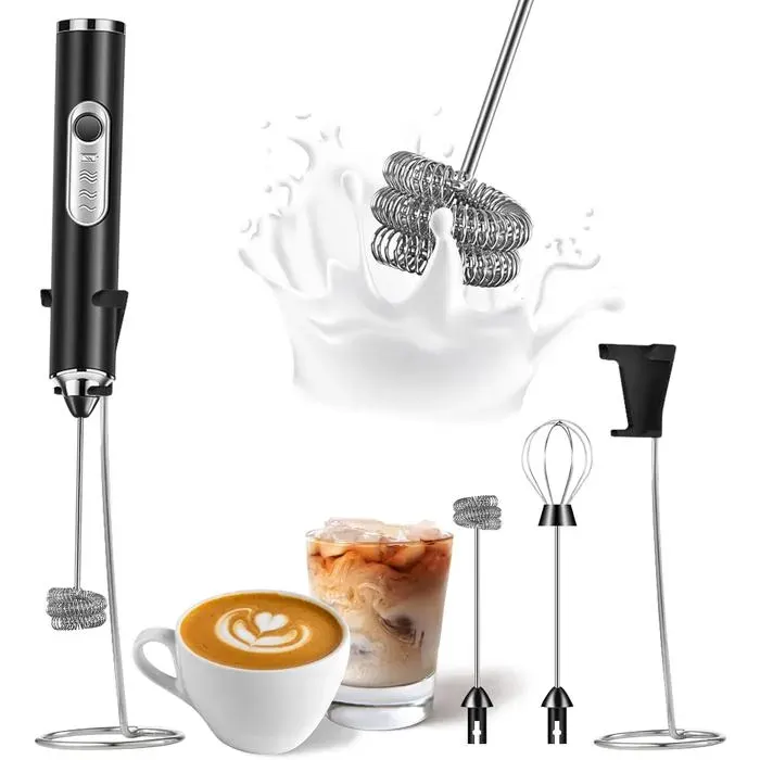 Mousseur à lait électrique portable rechargeable avec support en acier inoxydableidéal pour préparer des lattes et autres boissons.