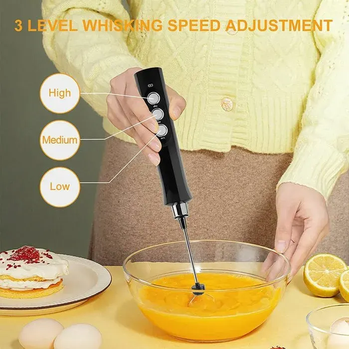 Mousseur à lait électrique portatif 3 en 1USBbatteur à œufs rechargeable — coloris Noire