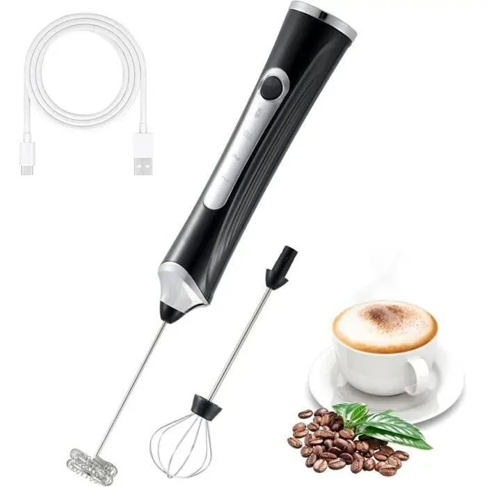 Mousseur à lait électrique portatif avec 2 têtes de mousse rechargeable par USB 3 vitesses (noir)