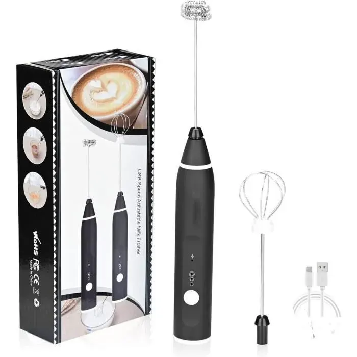 Mousseur à lait électrique Rechargeable - Acier inoxydable - 3 vitesses - Noir Heerico