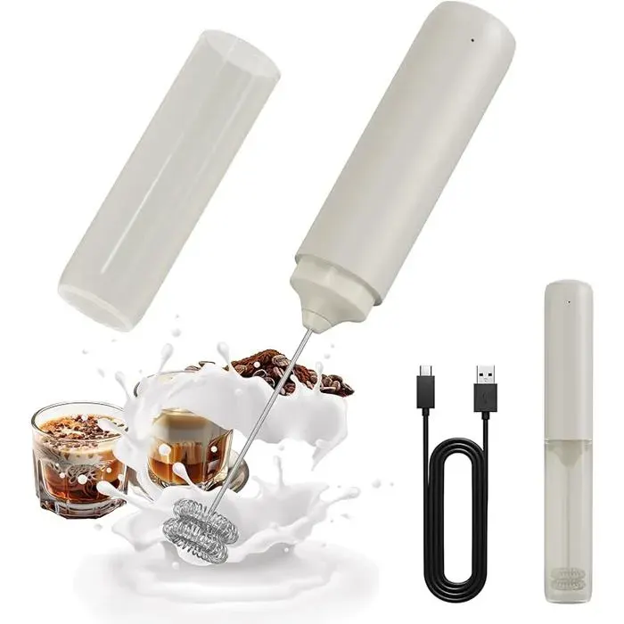 Mousseur à Lait Électrique Rechargeable Mousseur à Main sans Fil Double Spirale Fouet Mélangeur Rechargeable Beig MOUSSEUR A LAIT