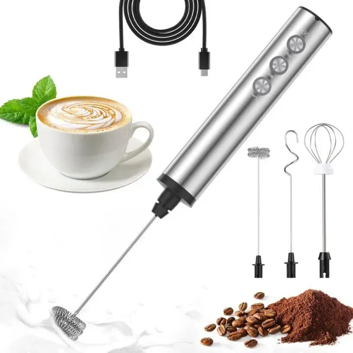 Mousseur à lait électrique rechargeable USB 3 fouets acier inoxydable 3 vitesses réglables café crème cappuccino.