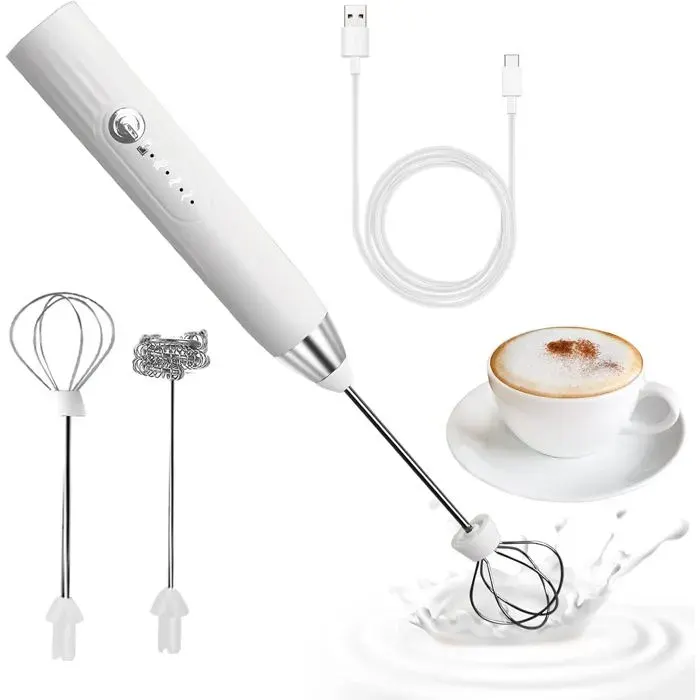Mousseur à lait électrique rechargeable USB blanc mini fouet inoxydable pour café latte et cappuccino mousse crémeuse