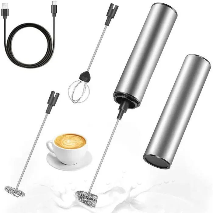 Mousseur à Lait Électrique Rechargeable USB et Mini Batteur avec Dual Fouet Tête Mélangeur Acier Inoxydable Latte Cocktails Jus
