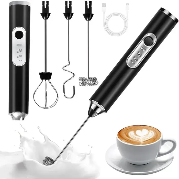 Mousseur à lait électrique rechargeable USB-NETBOAT avec 2 têtes de mélange différentes