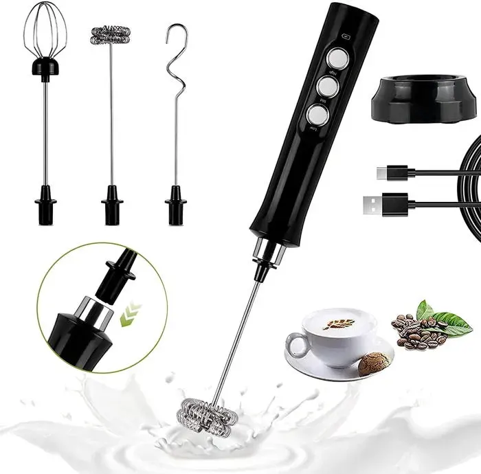Mousseur à lait électrique Rechargeable USB réglable en 3 vitesses avec 3 batteurs en acier inoxydable pour café matchaCrème
