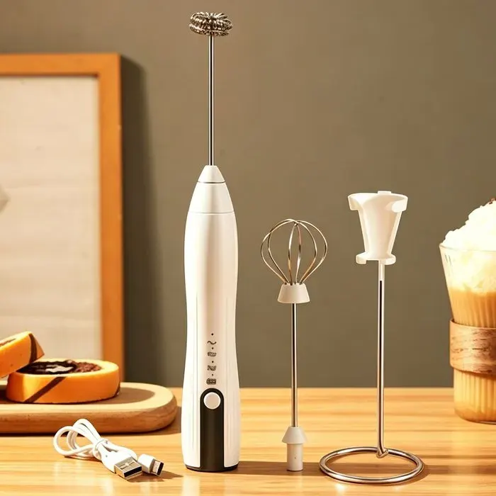 Mousseur à Lait Électrique réglable 3 vitesses Amovible avec inoxydable Support et 2 Tête Spirale pour Cafés Crème œufs-Blanc