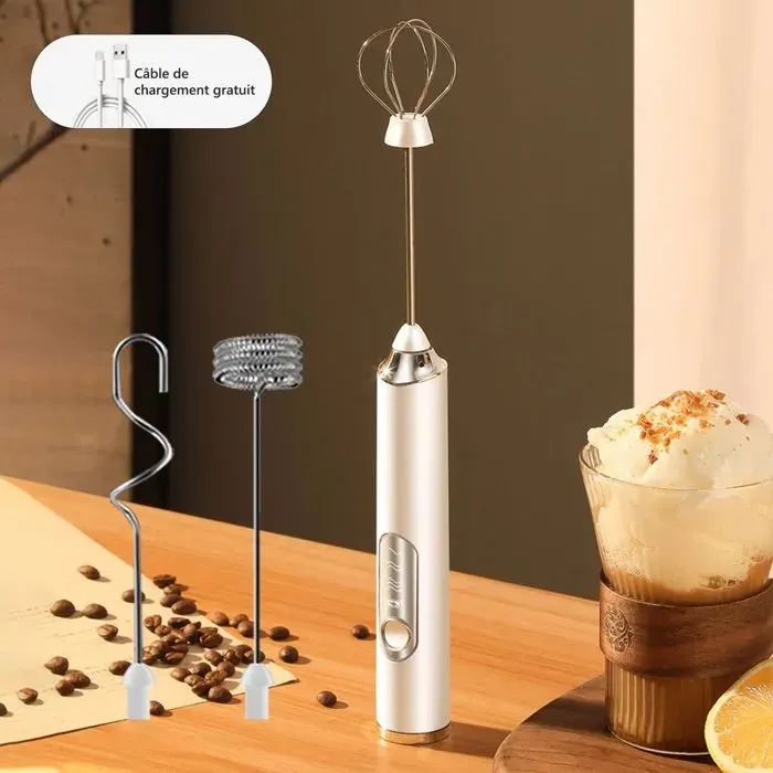 Mousseur à Lait Électrique réglable 3 vitesses USB Rechargeable avec Support et 3 Tête Spirale pour Cafés Crème œufs - Blanc