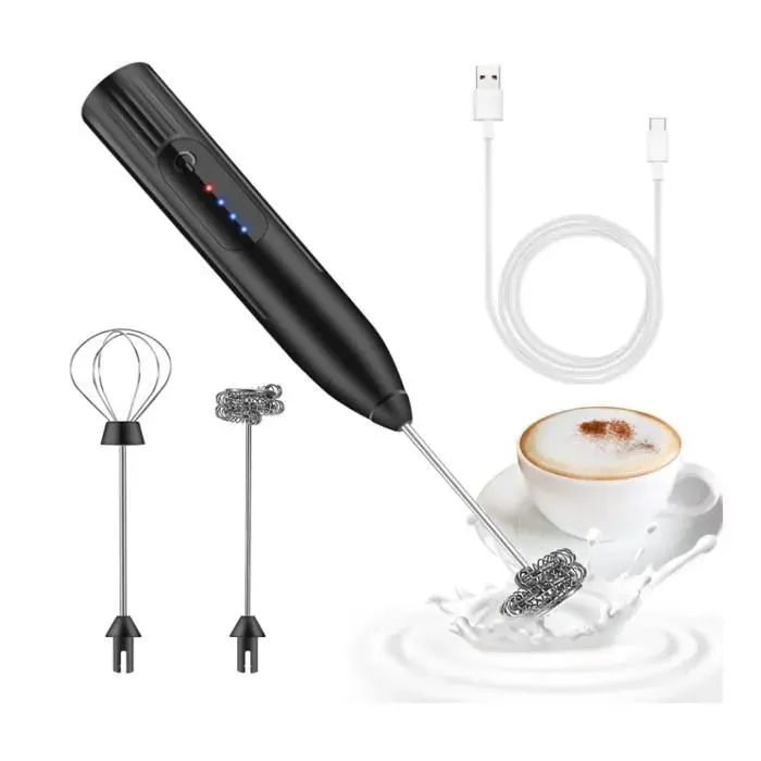 Mousseur à lait électrique USB Rechargeable 3 Vitesses Petit Mixeur avec 2 têtes Mini Fouet Matcha Café et Lait Portable Batteur
