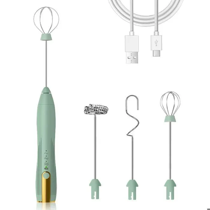 Mousseur à lait électrique - USB Rechargeable - avec 3 Tête Spirale - Mini et portable - Vert