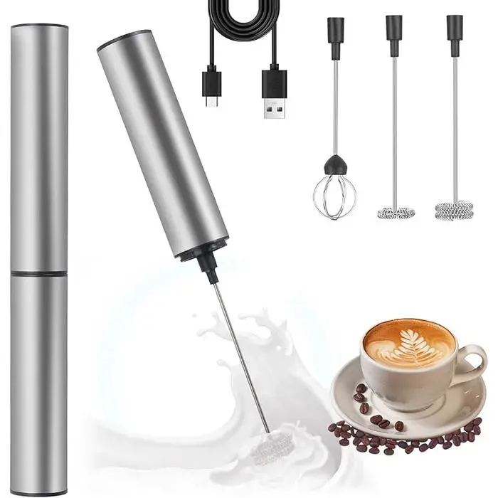 Mousseur à Lait Électrique USB RechargeableMini Fouet à Lait Inox 304 avec 3 Embouts 2 Vitesses(11000/13000 RPM)P MOUSSEUR A LAIT