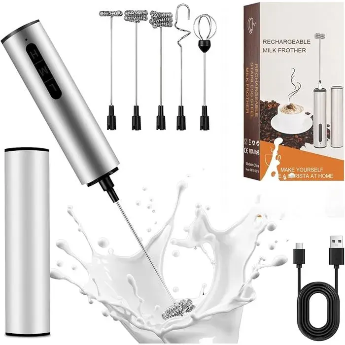 Mousseur à Lait ÉlectriqueMousseur a Lait Portable Rechargeable USB avec 3 Vitesses Petit Mixeur avec 4 têtesMéla MOUSSEUR A LAIT