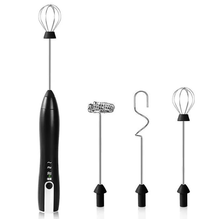 Mousseur à lait mini-batteur électrique portable rechargeable par USB avec 3 embouts hélicoïdaux - Noir