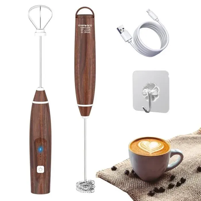 Mousseur à lait Mini mousseur à lait électrique USB rechargeable à 3 vitesses réglable avec 2 têtes de mélange différentes