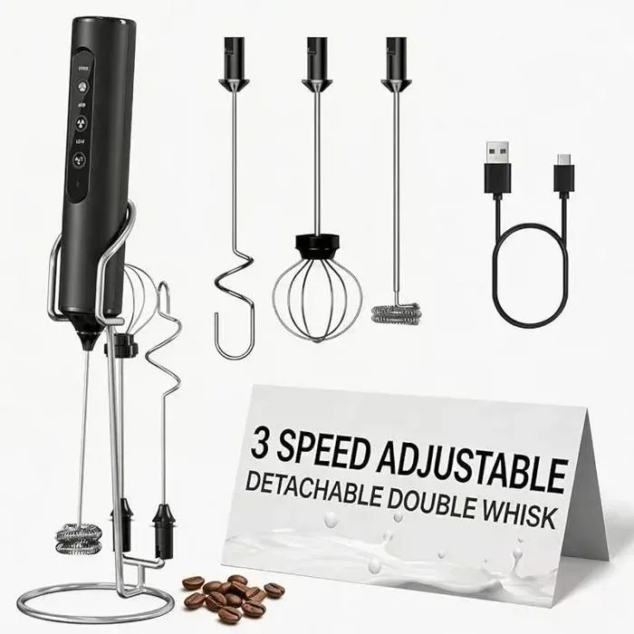 Mousseur à lait portatif rechargeable avec support 3 vitesses réglables 3 fouets batteur électrique pour boisson MOUSSEUR A LAIT