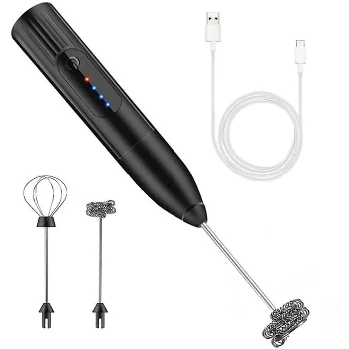 Mousseur à lait - PZCC - Mini USB - 2 embouts interchangeables - 3 vitesses réglables - Inox 304 — coloris Noir