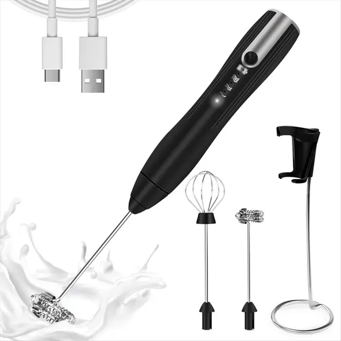 Mousseur à Lait Rechargeable à Main avec 3 Vitesses Puissant MéLangeur de Boissons avec 2 TêTes pour Café Machine à Mousse Noire