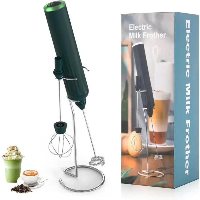 Mousseur à lait rechargeable avec fouet en acier inoxydable et support puissant 2 têtes 3 vitessesmélangeur portatif rapide-Vert