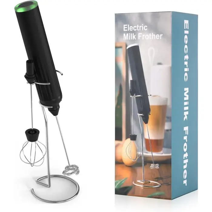 Mousseur à lait rechargeable avec fouet en acier inoxydable et support puissant 2 têtes 3 vitessesmélangeur portatif rapide-Noir