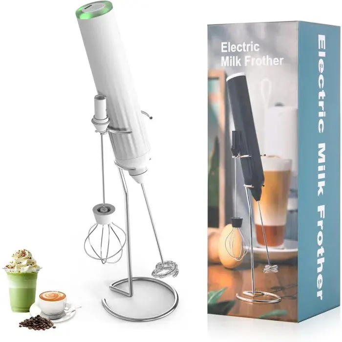 Mousseur à lait rechargeable avec fouet en acier inoxydable et support puissant 2 têtes 3 vitessesmélangeur portatif