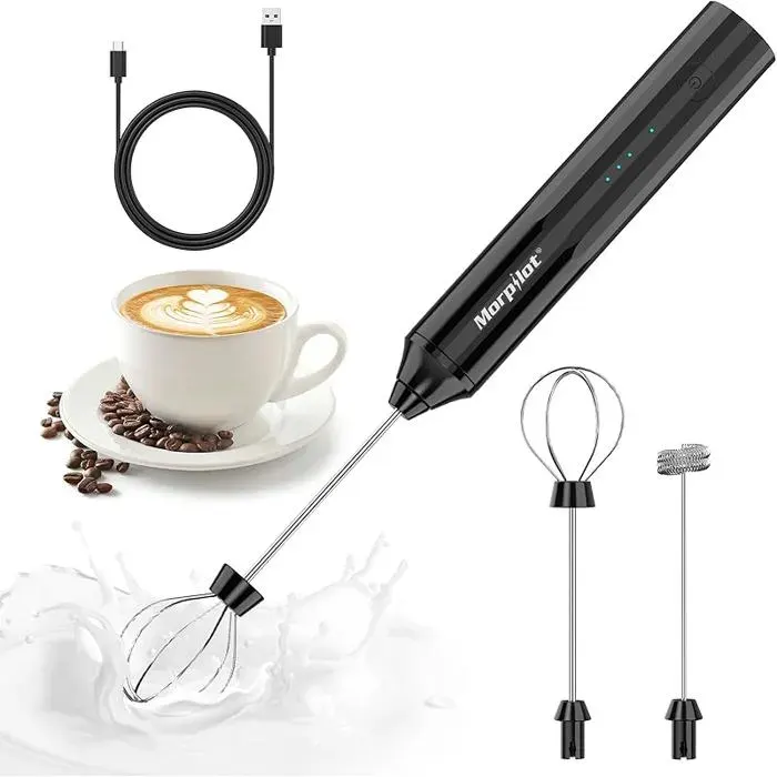 Mousseur à Lait Rechargeable USB avec 2 Têtes en Acier Inox Mini Fouet Électrique Portable avec 3 Vitesses pour No MOUSSEUR A LAIT