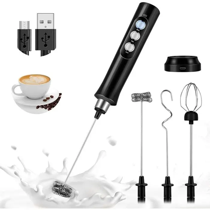 Mousseur à lait USB mousseur à lait électrique réglable en 3 vitesses avec 3 batteurs en acier inoxydable pour café matcha
