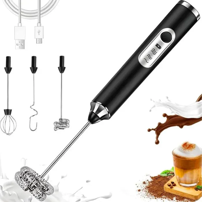 Mousseurs à lait à main ÉlectriqueMousseur à Lait USB Rechargeableavec 3 FouetsRéglable en 3 Vitessespour LatteCappuccino Café — coloris Noir