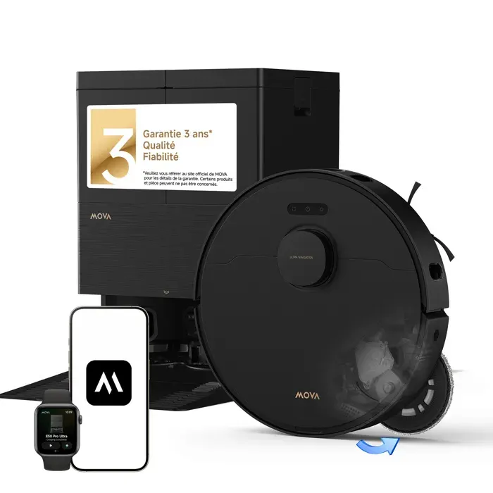 MOVA E50 Pro Ultra Robot aspirateur laveur 30 000 Pa lavage 100 °C 12 N/260 tr/min vidage auto réservoir 5 L