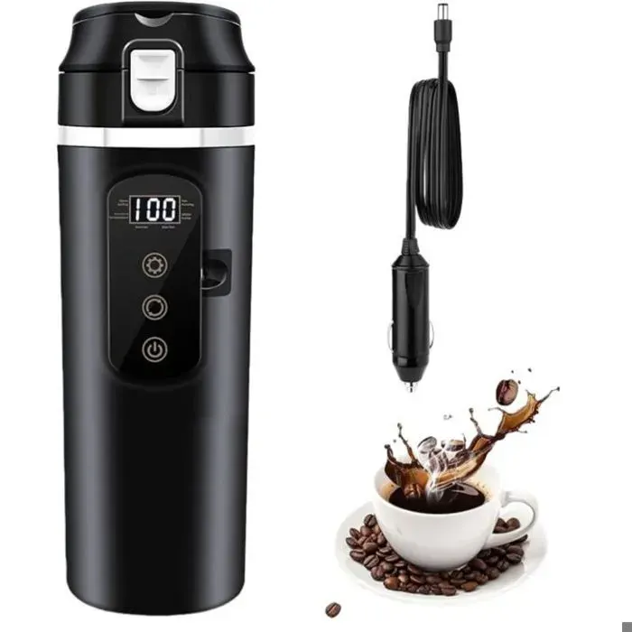 Mug Chauffant Voiture 430ml Bouilloire Électrique Portable 12V 24V Acier Inoxydable Écran Température Réglable pour Thé Café Lait