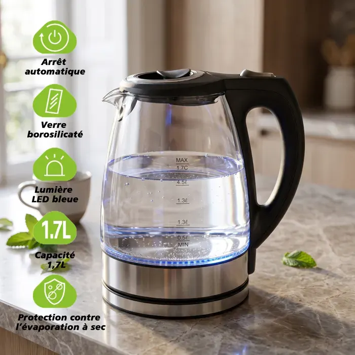 MULIN Bouilloire Électrique en Verre 17L - 2200W - Éclairage LED Bleu - Sans Fil - Arrêt Automatique - Inox 304