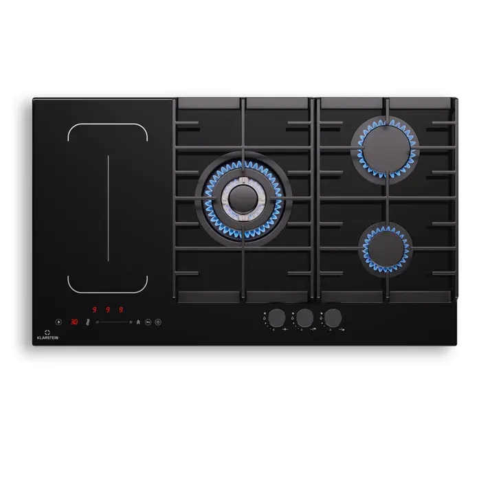 MultiChef 90cm Plaque de Cuisson Mixte Gaz Electrique 5 Z Verre Noir