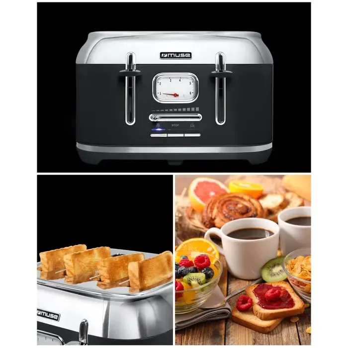MUSE Grille-pain vintage 4 tranches Noir doré 1800W - 6 niveaux de brunissement dégivrage
