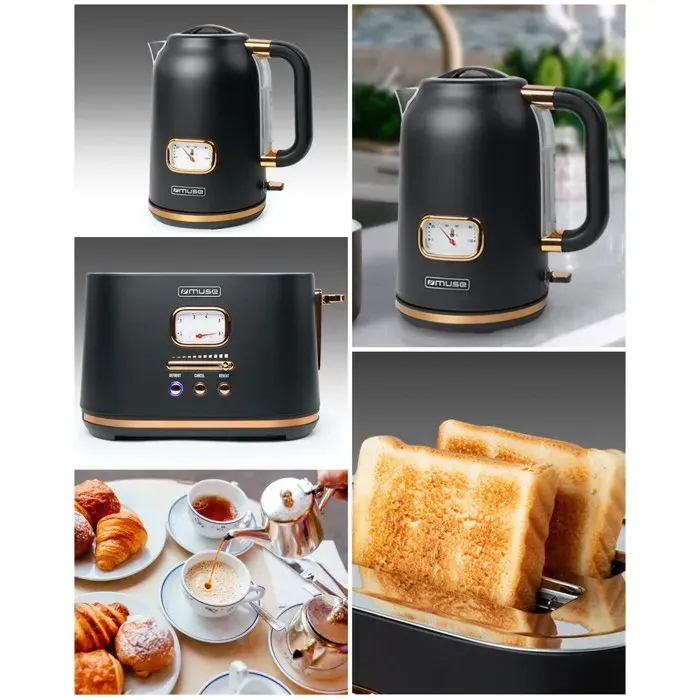 MUSE Pack petit-déjeuner rétro Noir Doré — Bouilloire sans fil 1.7L 2200W + Grille‑pain 2 fentes inox