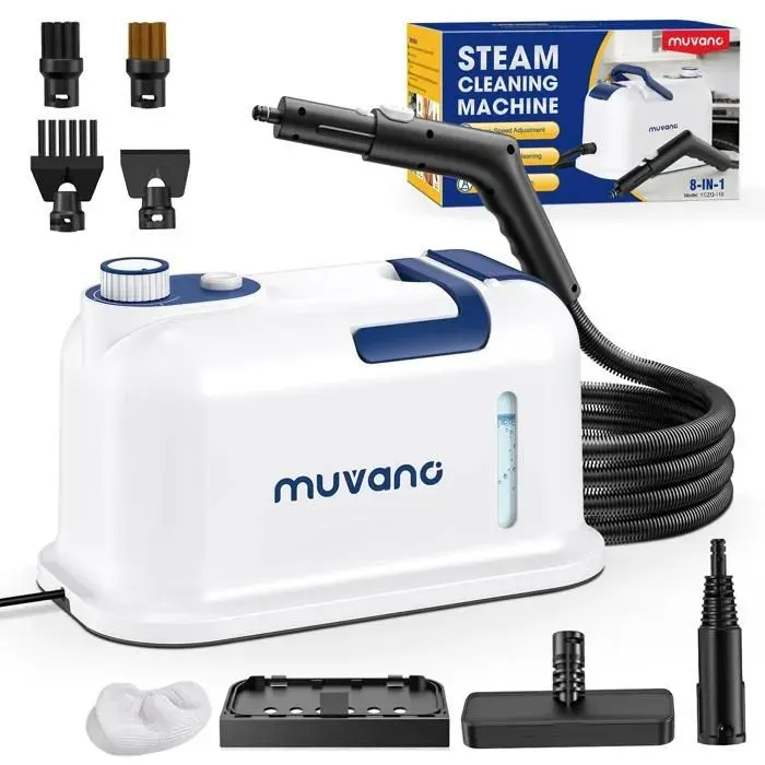 Muvano Nettoyeur à vapeur portable 3 bars 1500W 125°C - Chauffage 15s - Nettoyage sols et tissus dameublement - Blanc