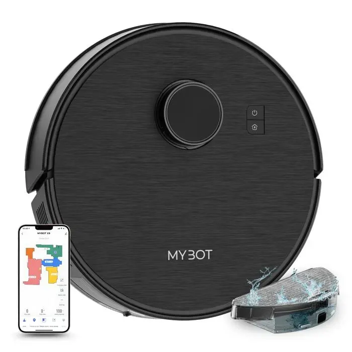 MYBOT X9 – Aspirateur robot laveur – 6500 Pa – Idéal pour les animaux – Robot intelligent auto-apprenant – Navigation laser LDS
