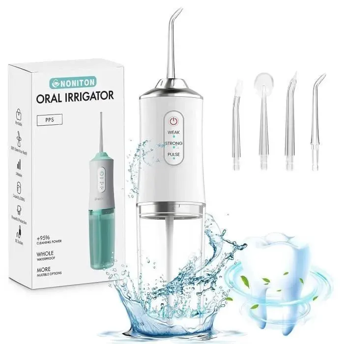 Nettoyeur de dents portable – Hydropulseur professionnel – Élimine la mauvaise haleine – 3 modes – 4 embouts — coloris Blanc