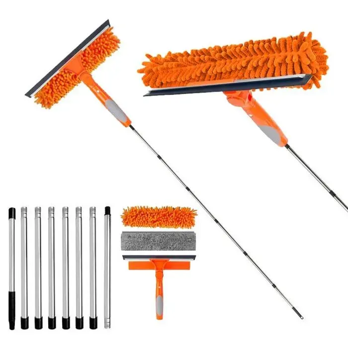 Nettoyeur de Vitre Kit 3 en1 Lave Vitre Telescopique (3.2m) Raclette Vitre avec Raclette en Silicone et Brosse en Microfibres
