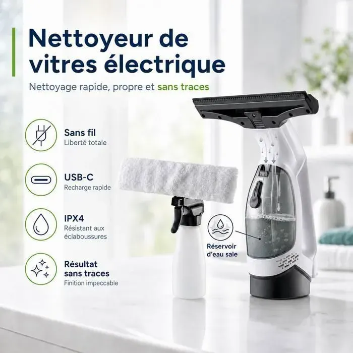 Nettoyeur de Vitres Électrique Sans Fil - 2000 Pa - 35 Min USB-C Ipx4 Réservoir 150 ml Raclette Vitre Pulvérisateur Microfibre