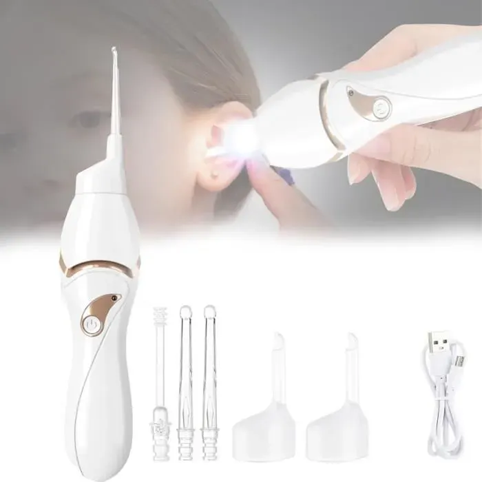 Nettoyeur DOreille éLectrique - Aspirateur Doreille électrique sûr Indolore Avec Lumière et 5 têtes - Pour Bebe et Adulte - Blanc
