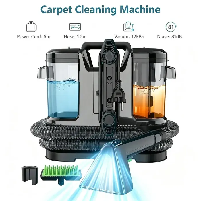 Nettoyeur Tapis 450W 12kPa Double Bac 1.8L+0.8L 3 Brosses (Poils Animaux) Câble 5m Nettoyage Canapé Voiture