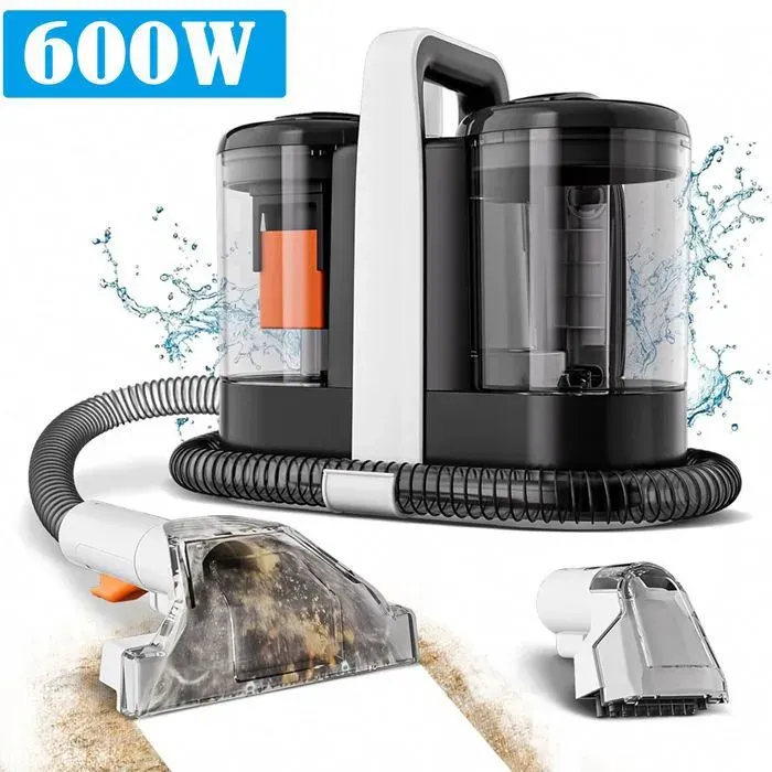 Nettoyeur textiles-600W-15kPa-15L/08L-2 réservoirs-pulvérisation/brossage/aspiration-2 brosses-tuyau 13m-câble 3m-111-240V