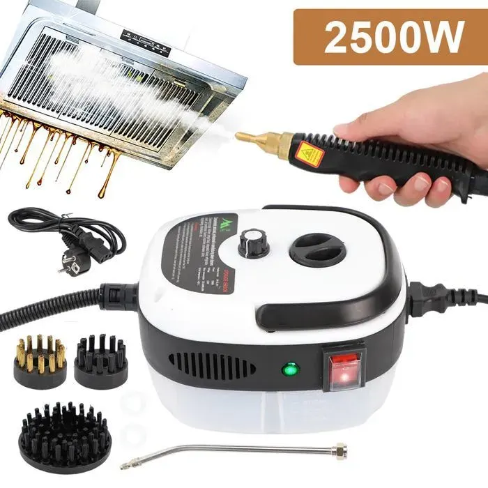 Nettoyeur vapeur-2500W-105°C-3 bars-10s-1000ml-1h-6 vitesses-3 brosses-perche 22m-tuyau 15m-blanc