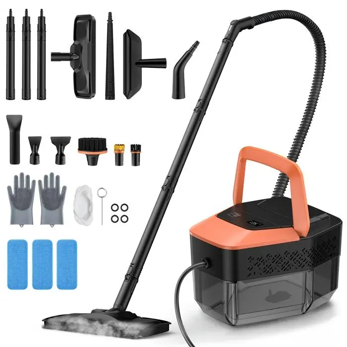 Nettoyeur Vapeur à Main de 1500W Avec Une Pression de 5 BarsRéservoir deau de 1800ml24 accessoiresOrange