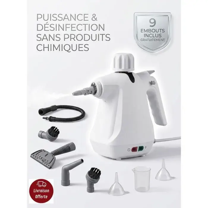 Nettoyeur Vapeur à Main Portable Multifonction 1000W 350ml 3 Bars Haute Pression 9 Embouts