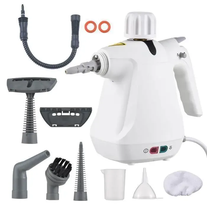 Nettoyeur Vapeur à Main Portatif1000W Multi-Usage sous Pression 9 en 1 pour le nettoyage avec réservoir deau de 350ml3 Bar Blanc