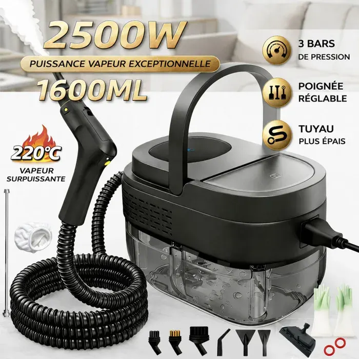 Nettoyeur vapeur haute pression 2500W Portable Steam Cleaner Réservoir d’eau 1.6L Chauffe Rapide en 15s 3 Niveaux de Réglage