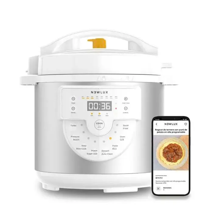 Newlux - Cuiseur programmable Blanc Chef Pot V170 6L avec Voice 15 fonctions 1000W programmable 24h 4 niveaux de pression