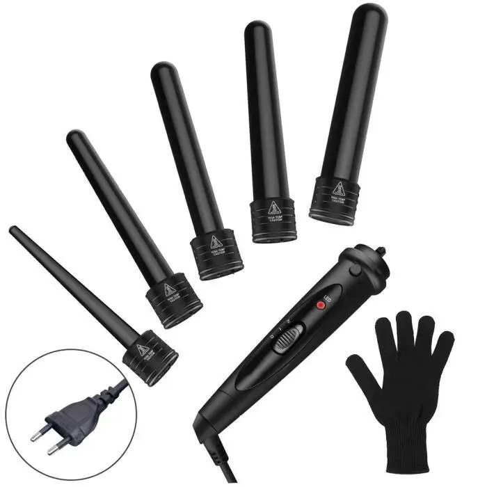 Noir 5 Pièces Fer à Boucler 5 en 1 Fer à Friser Boucleur Fers Interchangeable en Ciramique Tourmaline Chauffage Rapide Gant