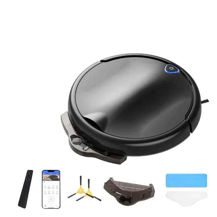 Noir Robot Aspirateur Laveur Intelligent App Télécommande 3en1 Balayage Aspiration Lavage Anti-chute Silencieux 120min 450ml
