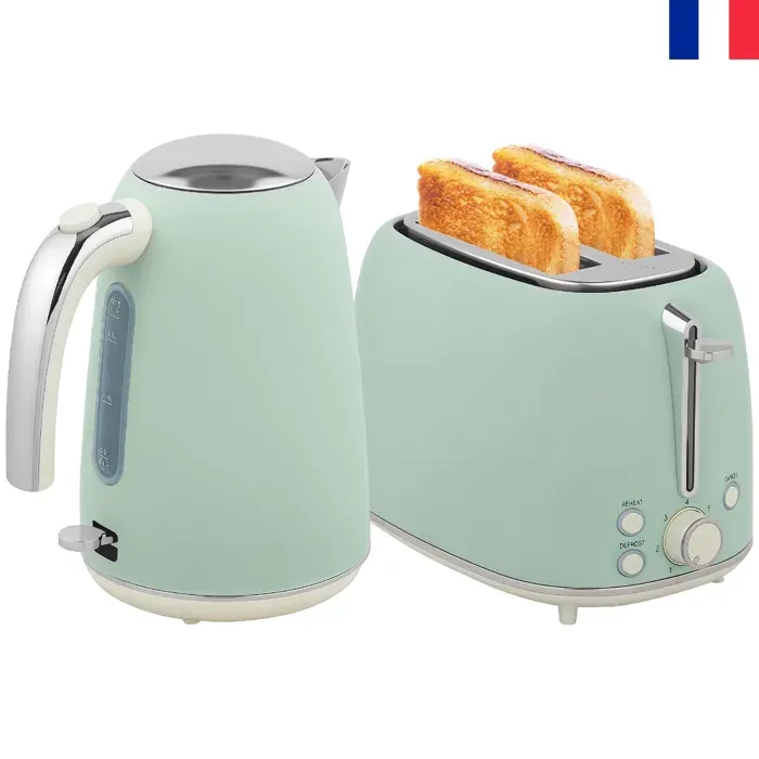 NOUVEAU Ensemble bouilloire et grille-pain bouilloire en acier inoxydable 17 L et 2500 W et grille-pain à 2 tranches vert